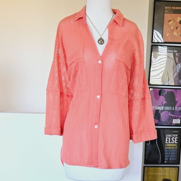 🏷️J.N.N.A. Coral Open Weave Mesh Button Front Blouse Short Sleeve Size 2X - Picture 4 of 11
